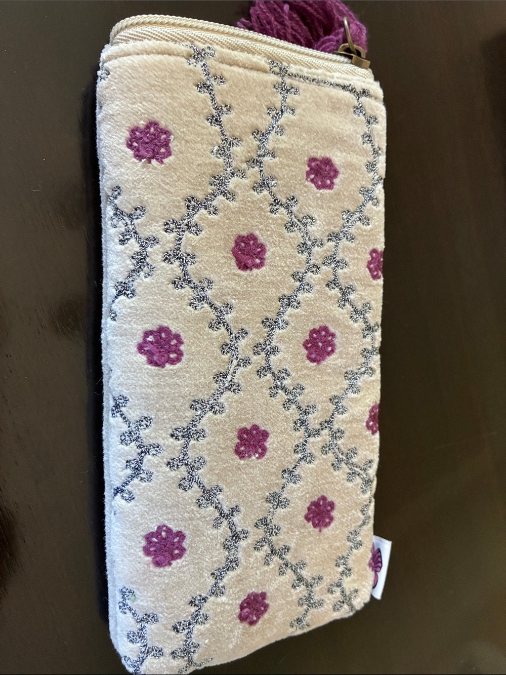 Lesley Evers Glasses Case Embroidered Cream and Purple